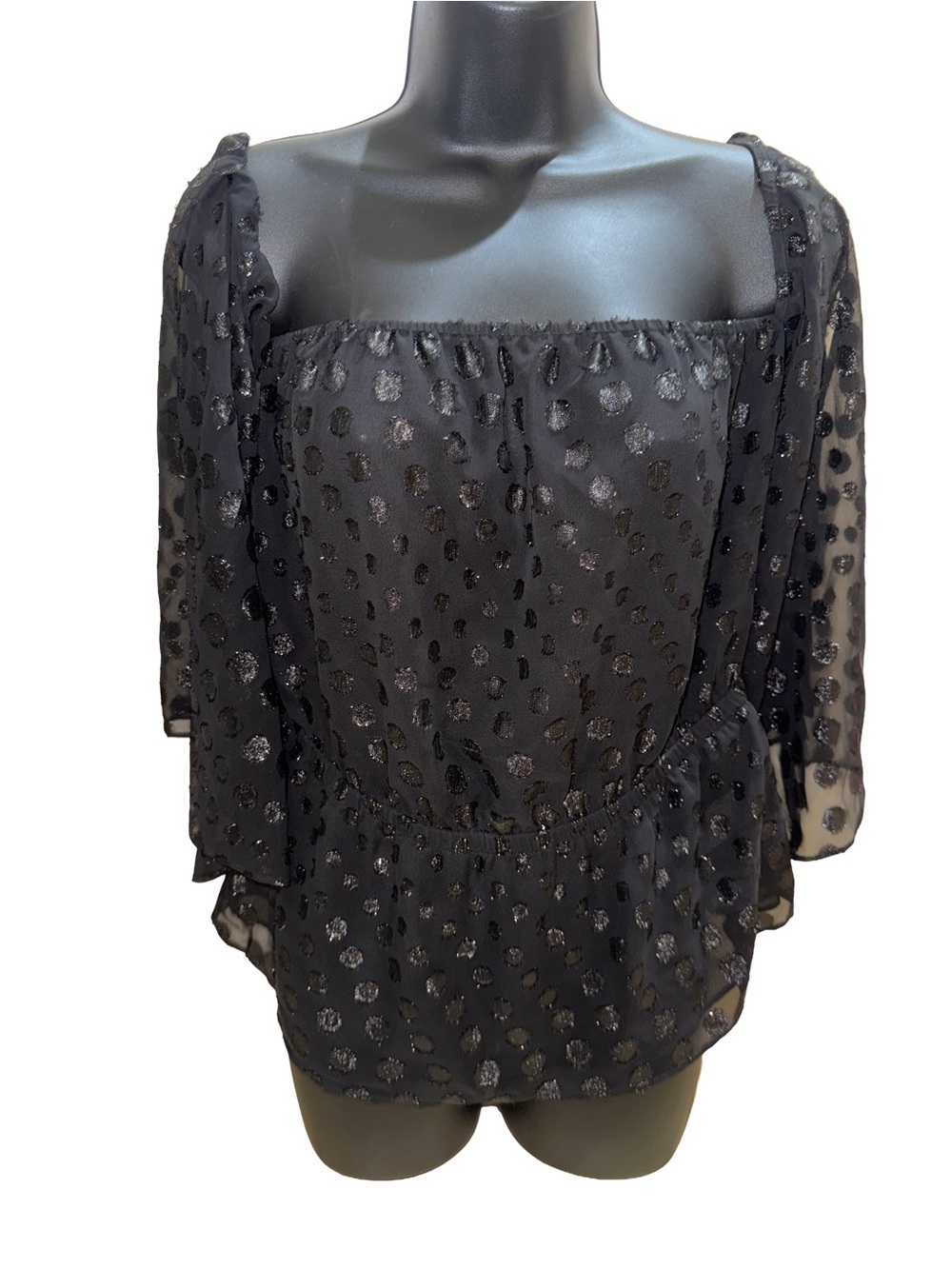 Express Black Sheer Square-Neck Polka Dot Blouson Top